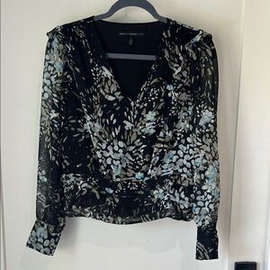 White House Black Market Black and White Wrap Blouse Long Sleeve
